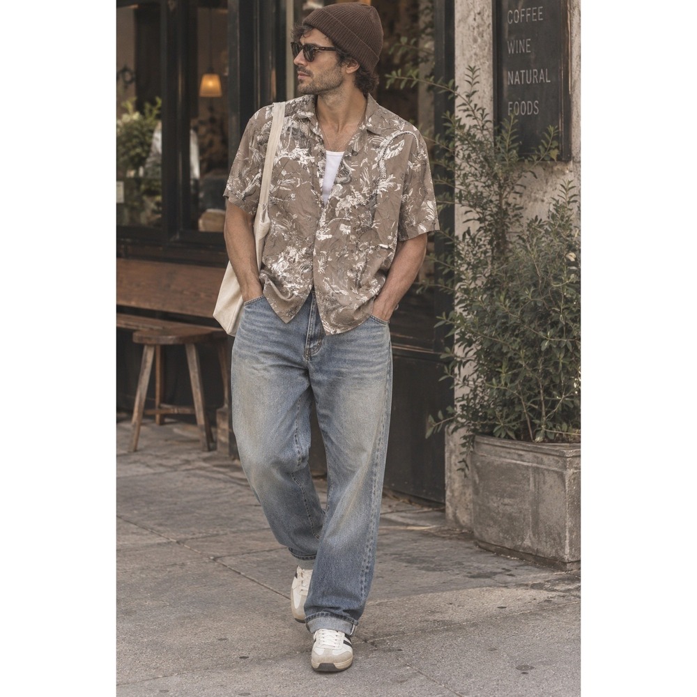 Anine Bing Mens Small Tropical Jungle Parrot Snake Print Button Down Shirt Brown